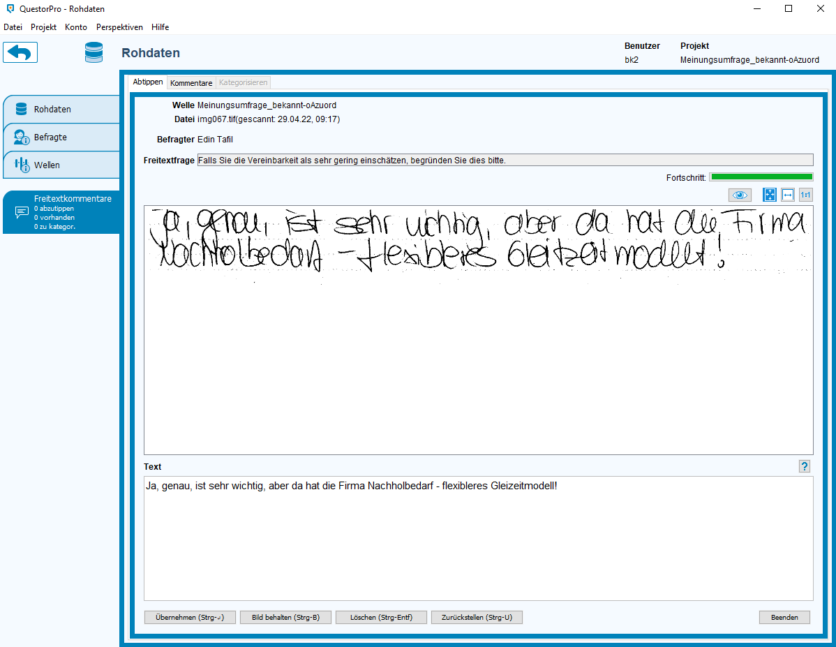 Bildschirmfoto einer digitalisierten Freitextantwort von einem Papier-Fragebogen 